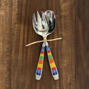 Artisan crafted serving set, Spoon, and Spork wired & beaded rainbow 8” …